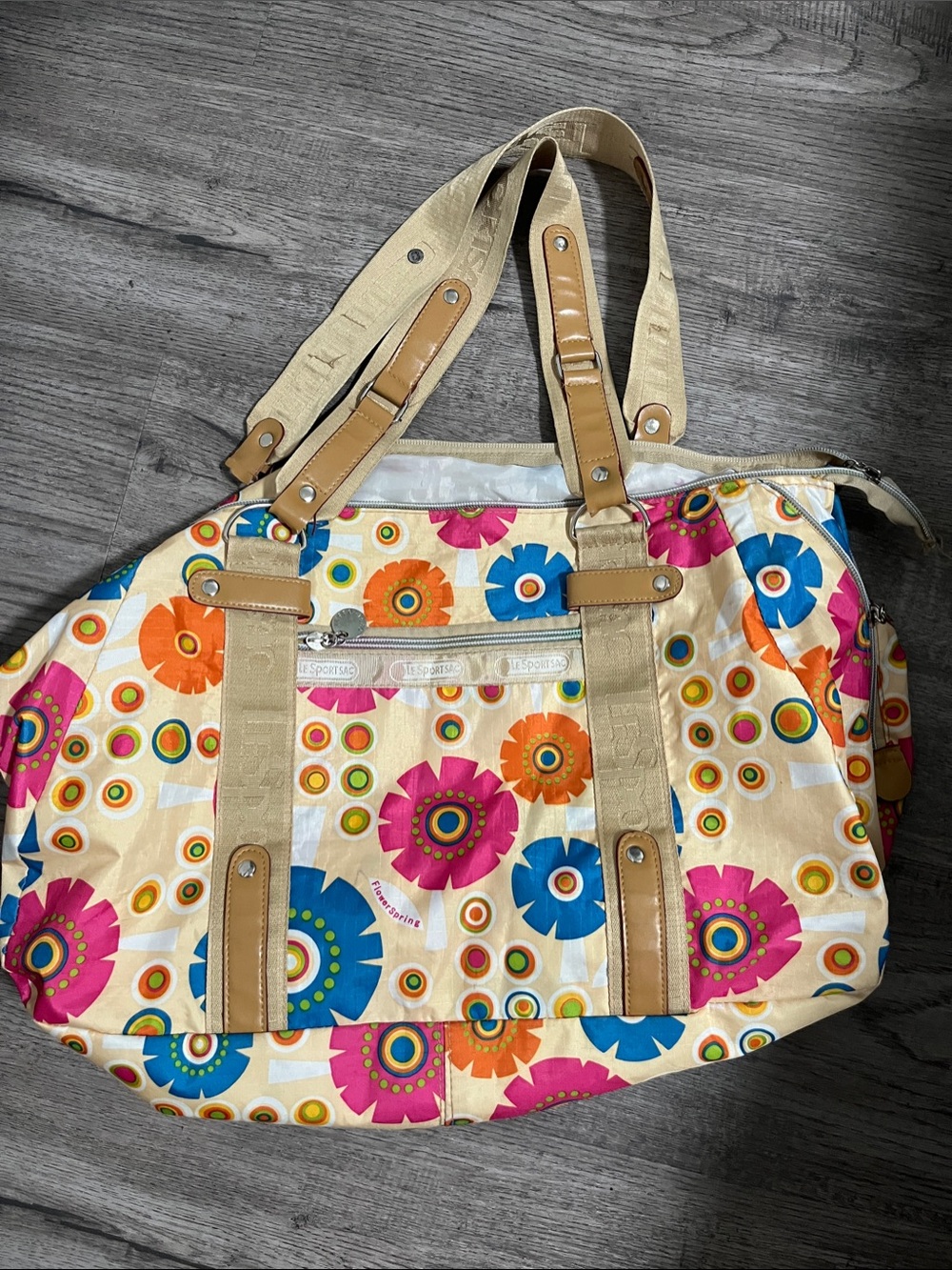 Lesportsac Beige Overnight Bag with Pink, Orange & Blue Floral Print